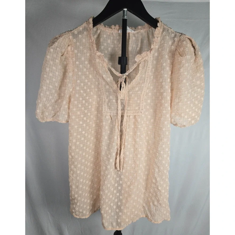 Beige Swiss Dot Sheer Peasant Top Sz M Puff Sleeve Cottagecore Fairycore Prairie